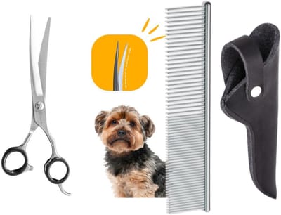 Professor Q Professionele Up Gebogen Hondenschaar – Zwart, 7.5 Inch (19.5 cm) – Ideaal voor Langharige Honden met Luxe Lederen Etui – 16,5 cm – Zwart + Anti-Klit Kam