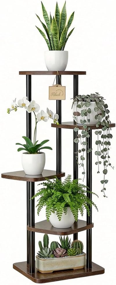 Plantenstandaard voor Binnen Plantenstandaard 5 Etages, Metalen Bloemenrek Binnen/Buiten, Plantenhanger voor Balkon Woonkamer, Zwart