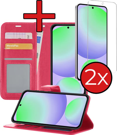 Hoesje - Met 2x Screenprotector - Geschikt voor Samsung Galaxy S24 FE - Luxe Pasjeshouder - Flip Case - Bookcase Portemonee - Kunstleer Book Case - Flipcase Hoes - Book Cover - Walletcase - Portemonneehoes - Telefoonhoes - Donkerroze
