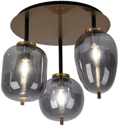 Plafondlamp glas plafondlamp 3 vlammen lampenkap glas woonkamerlamp messing, metaal glas messingkleurig, 3x E14 fitting, DxH 46x36 cm
