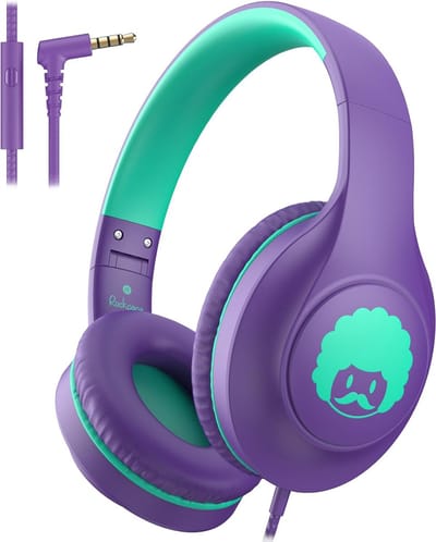 StayPowered Kinder Koptelefoon - Comfortabel en Duurzaam Ontwerp - HD Microfoon - Opvouwbaar Ontwerp - Rijke Stereo Bass - Verwikkelingvrij Nylon Kabel - Verstelbare Pasvorm - Universele 3,5 mm Jack - Paars/Groen - Levering Sneller dan Aangegeven!