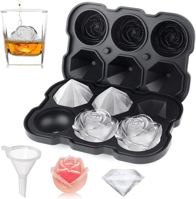 IJsblokjesvorm - 2 inch rozen IJsblokjesvorm met deksels - 3 holtes siliconen rozen ijsvorm/3 diamant ijsbal maker - gemakkelijk te verwijderen grote ijsblokjesvorm - voor gekoelde cocktails/whiskey sap - zwart