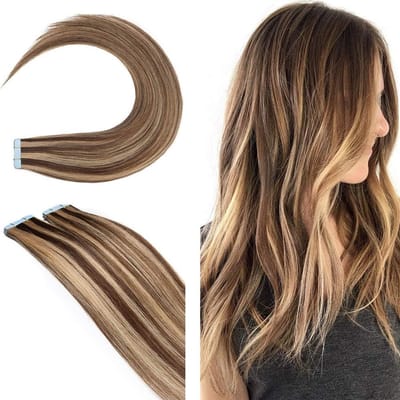 Tape Extensions Echthaar voor Haarverlenger - 10 Stuks Gladde Haarstukken in Middenbruin/Honigblond 12"(30cm) - 25g Kwaliteit