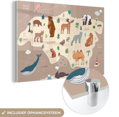 ® Glasschilderij 120x80 cm - Schilderij acrylglas - Wereldkaart - Bruin - Dieren - Kids - Jongens - Meisjes - Foto op glas - Muurdecoratie woonkamer - Wanddecoratie slaapkamer - Schilderijen