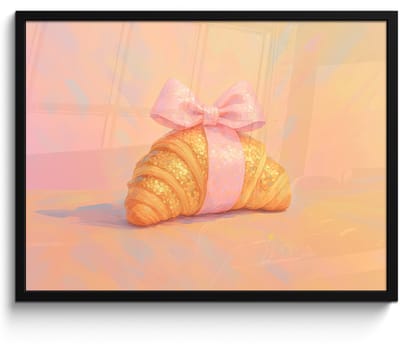 Poster in lijst - Fotolijst 80x60 cm - Posters - Croissant - Strik - Roze - Posterlijst zwart - Decoratie - Wanddecoratie woonkamer - Muurdecoratie slaapkamer