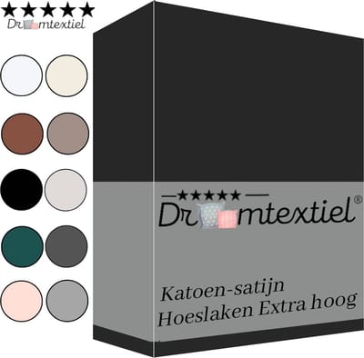 Droomtextiel Hoeslaken Katoen-Satijn - Zwart - 90x200 cm - Hoogwaardige Kwaliteit - Super Zacht - Hoge Hoek