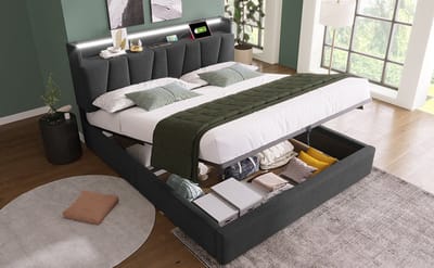 Wishdor Opbergbed 160x200 cm – Opberghoofdbord & LED met App – Stopcontacten & USB/Type-C – Linnen Grijs – Smart Opbergsysteem