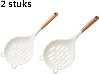 2-delige set - Keukengerei - Roestvrijstalen handvat - Grote schuine siliconen lepel - Pastalepel - Noedellepel - Zeef - Soeplepel - Geperforeerde lepel - Krasbestendig - Ovenbestendig - 35,5*15,5*3,5 cm - Wit