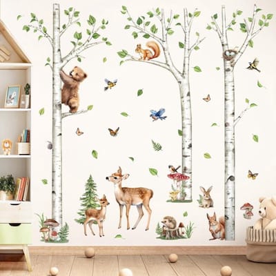 Dailygoody - Grote Witte Berk Boom Muurstickers - Jungle Dieren
