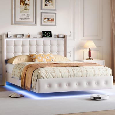 Tweepersoonsbed 140x200 cm – Beige Velours Bed met Hoofdbord met Opbergplank, LED-Verlichting en USB/Type-C