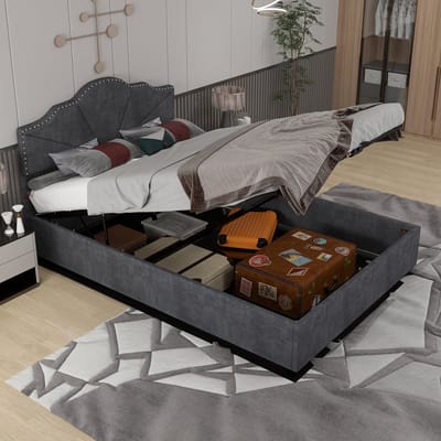 REDOM gestoffeerd bedframe 140x200 cm – Stof + metaal grijs – Geometrisch hoofdbord met siernagels – Lattenbodem – 2 pakketten