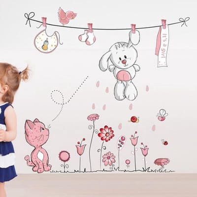 Muursticker Kinderkamer Meisjes - Konijn Aan Waslijn