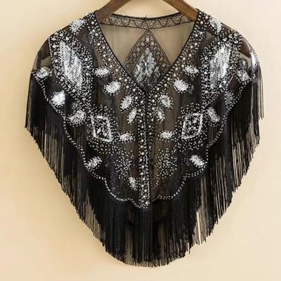 Châle à paillettes pour femmes des années 1920, avec glands, franges de perles, enveloppes en maille transparente, Gatsby, clapet, Cape boléro noir