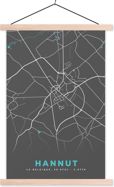 Posterhanger incl. Poster 40x60 cm - Schoolplaat - Stadskaart – Grijs - Kaart – Hannut – België – Plattegrond - Textielposter - Blanke latten - Stadskaart