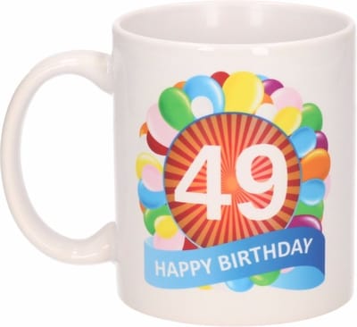 49 jaar Verjaardag koffiemok - cadeau beker - feestelijke ballonnen print - 300 ml - keramiek - wit