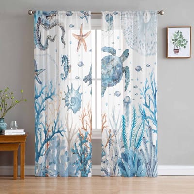 Oceaan Koraal Schildpad Zeester Doorzichtige Gordijnen voor Woonkamer Decoratie Raambekleding voor Keuken Tule Voile Organza Gordijnen W135 x H115cm x1 white