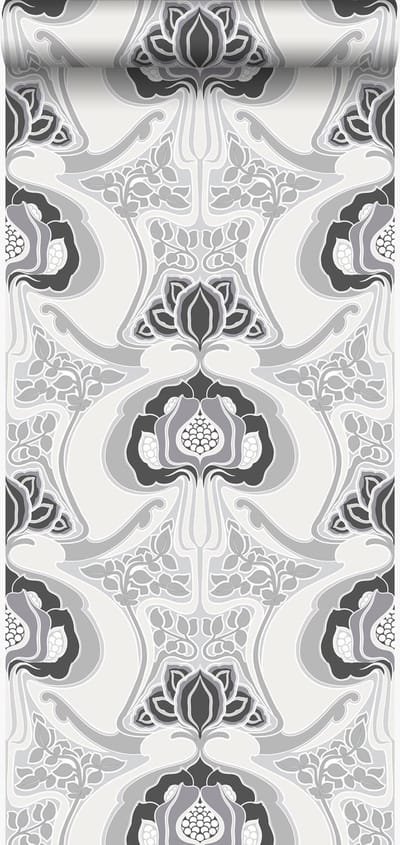 Origin Wallcoverings behang jugendstil bloemmotief zwart en grijs - 53 cm x 10.05 m - 347209