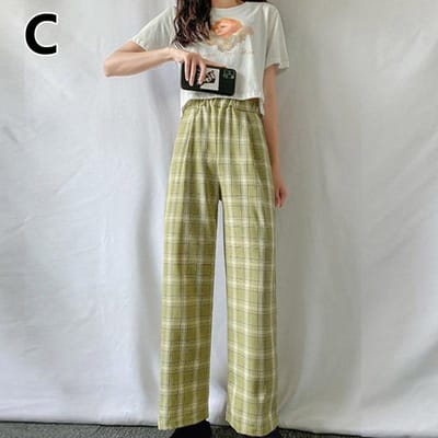 Dames retro wijde pijpen casual broek elastische zomer hoge taille losse geruite lichtgewicht one size gray