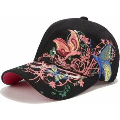 Sprankelende baseballpetten met geborduurde vlinders, geschikt voor mannen en vrouwen, voor bescherming tegen de zon tijdens reizen en sporten in de buitenlucht. (black,Adjustable) zwart