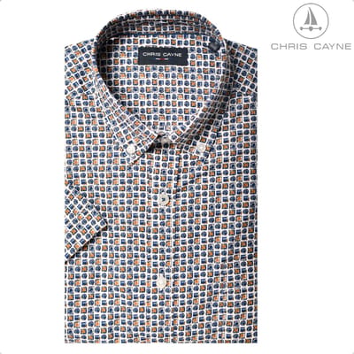 Chris Cayne heren overhemd - korte mouw - M - borstzak - blauw/camel - geprint dessin - 100 % Katoen - borstzak