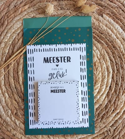 Cadeautje voor de meester- Post it blokje met kaart en cadaeuzakje- Einde schooljaar