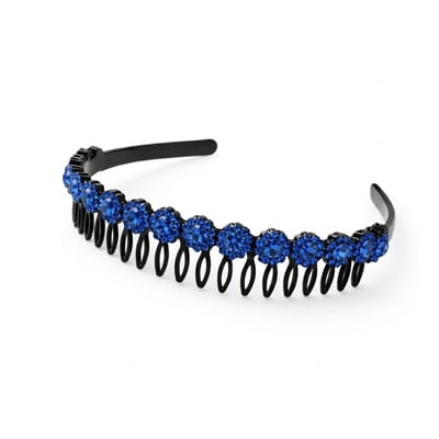 Zwarte haarband met blauwe strass stenen – dames diadeem met kristallen bloemen – elegante haaraccessoire met antislip tanden