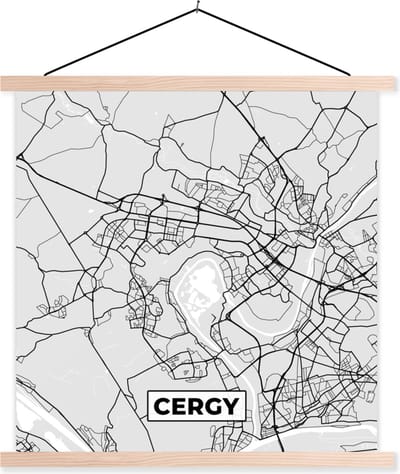 Posterhanger incl. Poster 40x40 cm - Schoolplaat - Plattegrond - Kaart - Stadskaart - Frankrijk - Cergy - Textielposter - Blanke latten - Stadskaart