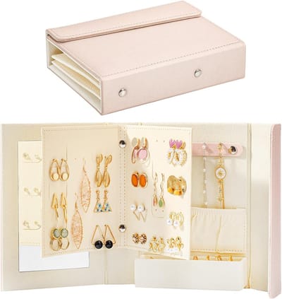 Famanu - Reis-sieradenorganizer met spiegel, opvouwbare sieradenrol voor oorbellen, armbanden, halskettingen, ringen en andere compacte sieraden voor vrouwen en meisjes, roze