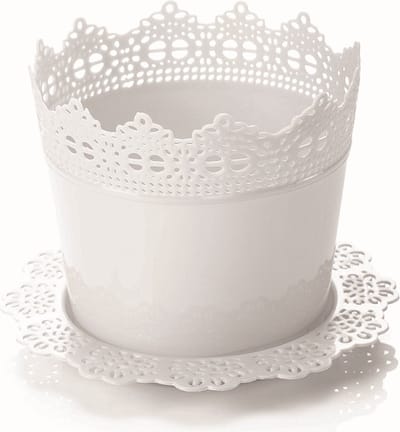 4st Sierlijke bloempotjes met kanteffect witte sierpot 14cm + gratis schaal