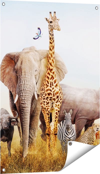 Gards Tuinposter Afrikaanse Dieren op het Gras - Afrika - 60x90 cm - Tuindoek - Tuindecoratie - Wanddecoratie buiten - Tuinschilderij