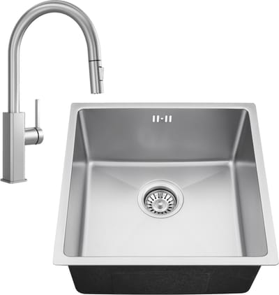 Auralum max 44x44CM Spoelbakken Keuken - Spoelbak Met Uittrekbare Uitloop Keukenkraan - Wasbak Keuken Met Waterafvoersysteem - Past op 45 cm kasten - RVS