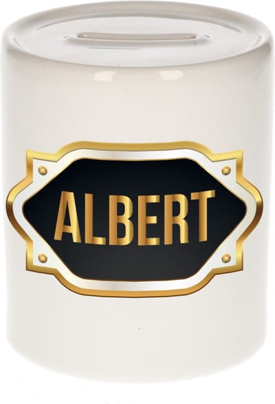 Spaarpot met voornaam Albert - wit - met goud/zwart embleem - 8 x 9 cm - keramiek - met afsluitdop - cadeau verjaardag