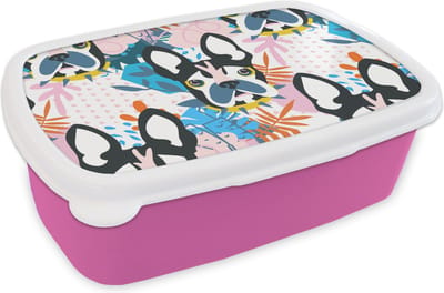 Broodtrommel Roze - Lunchbox - Brooddoos - Patronen - Hond - Plant - Jongens - Meisjes - Kinderen - Kindje - 18x12x6 cm - Kinderen - Meisje