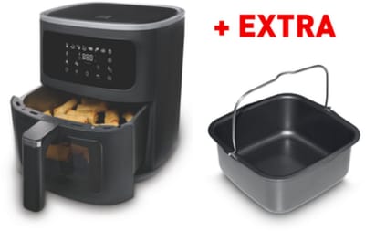 FRITEL Airfryer SnackTastic® 7520 – Airfryer XL Incl. Extra Cakevorm - Heteluchtfriteuse 6L – 1500W – Voor 2-6 Personen – Digitaal Touchscreen – Airfryer met Kijkvenster & Verlichting – 8 Programma’s – PFAS-vrij – Zwart – Met Bakvorm voor Cake