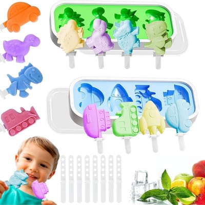 Dailygoods - IJslolly vormen van siliconen, 2 stuks ijsvormen met 12 stokjes, ijslolly mold popsicle set voor kinderen en volwassenen, BPA-vrij, siliconen dinosaurus en autovorm, geschikt voor doe-het-zelf