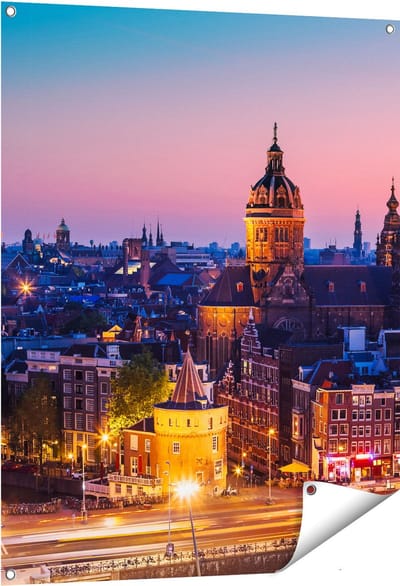 Gards Tuinposter Amsterdam Skyline bij Zonsondergang - 80x100 cm - Tuindoek - Tuindecoratie - Wanddecoratie buiten - Tuinschilderij