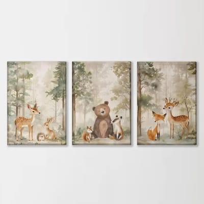 Set van 3 Canvas 'Herten, Beer & Vos' - 30x40cm - heldere kleuren - Babykamer - Kinderkamer - Bloemen - Bruin - Groen - Interieur - Muur Decoratie