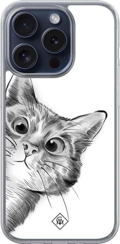 Casimoda® hoesje - Geschikt voor iPhone 15 Pro - Kat Kiekeboe - 2-in-1 case - Schokbestendig - Illustratie - Verhoogde randen - Wit, Transparant