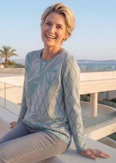 Onderhoudsarme tricot pullover met katoen - grijsgroen / gedess. - Gr. 19 van Goldner Fashion