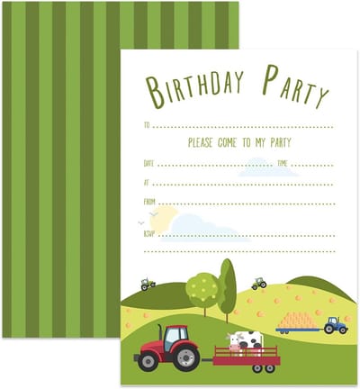 Uitnodigingen Kinderfeestje Boerderij & Tractor Thema (12 stuks incl. enveloppen)