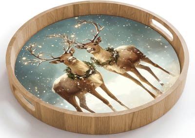 Dienblad rond 40x40 cm - Schootdienblad hout - Kerstmagie - Winterwoud - Rendier - Borrelplank rechthoek - Plateau houten dienbladen