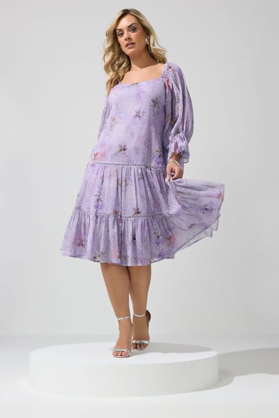 Yours London Paarse Bloemenjurk Met Blote Schouders Size 42