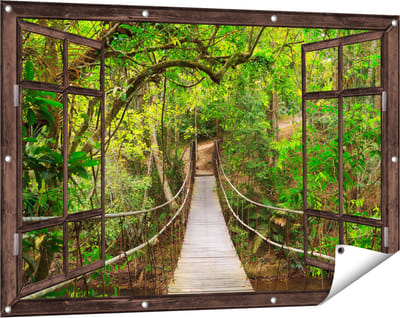 Gards Tuinposter Doorkijk Hangbrug - 120x80 cm - Tuindoek - Tuindecoratie - Wanddecoratie buiten - Tuinschilderij