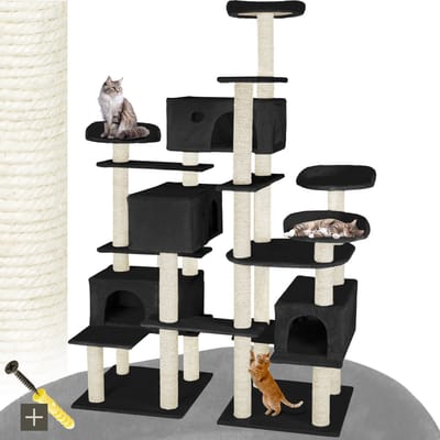 tectake® Grote Kattenkrabpaal – 214cm Zwart – XXL Krabmeubel met 4 Kattenhuisjes, Speeltoren, Ligplaatsen en Sisalpalen – Wandmontage Mogelijk – Kattenkrabpaal, Kattenhuis, Kattenboom