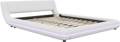 COVREO Bedframe met LED-verlichting – 140x200 cm – Bodembed van kunstleer en MDF – laag model voor slaapkamer – Wit - zonder matras
