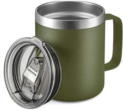 Oneay Geïsoleerde koffiemok van roestvrij staal (350 ml) met handvat, dubbelwandige vacuüm reismok, drinkbeker met schuifdeksel, militair groen