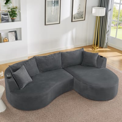 MIVRAY Hoekbank 264 x 168 x 76 cm - 3-Zits Met Rechter Chaise Longue, Bekerhouders En Kussens - Voor Woonkamer Of Kantoor - Ribstof Grijs