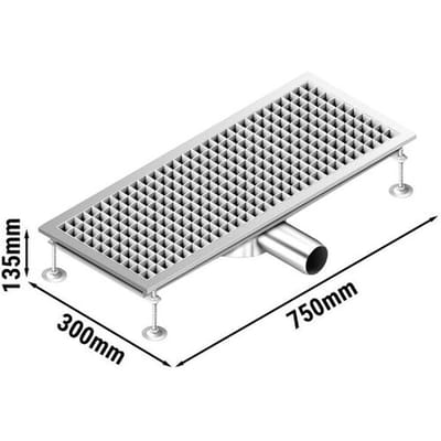GGM Gastro Edelstahl Bodenablauf - 750x300mm - flache Ausführung & seitlicher Ablauf - Ø 70mm