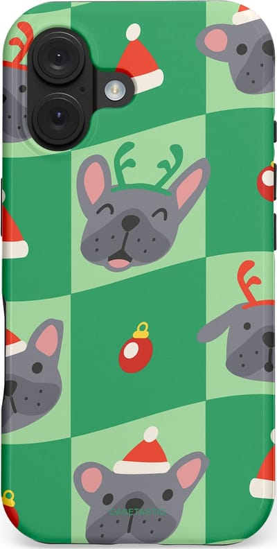 Casetastic hoesje geschikt voor Apple iPhone 16 - MagSafe - Dubbellaagse bescherming - Schattige Kersthondjes - Fashion Case - Groen Grijs