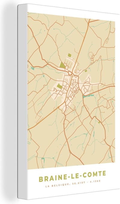 Canvas Schilderij Kaart - Vintage - Braine-le-Comte - Plattegrond - Stadskaart - 20x30 cm - Wanddecoratie